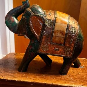 Green Wooden Carved Elephant Exotic Hammered Copper Decorative Statue 6” x 6.5”